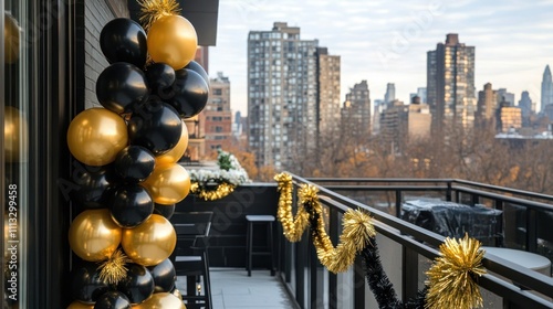 Rooftop terrace decorated for New Yeara??s with black and gold balloon garlands along the balcony railing, overlooking a cityscape photo