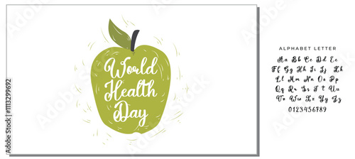 World Health Day lettering handwritten with calligraphic font on green hand drawn apple isolated on white background. Fresh fruit with elegant inscription. Bright colored vector illustration.