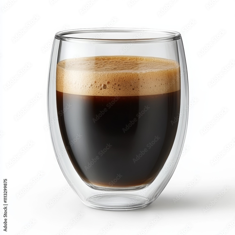 Dark frothy espresso coffee in clear glass on white background Dark frothy espresso coffee in clear glass on white background