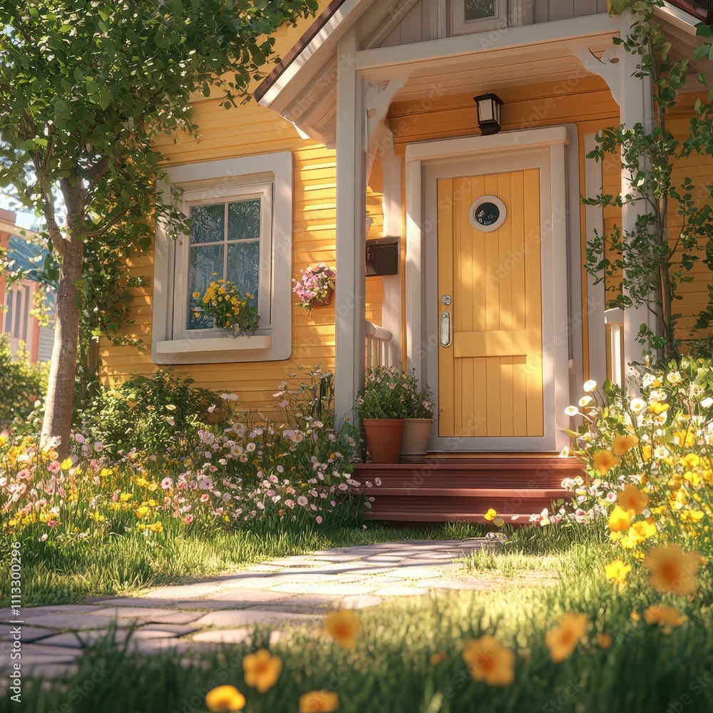 Charming yellow house entrance with flowers Charming yellow house entrance with flowers