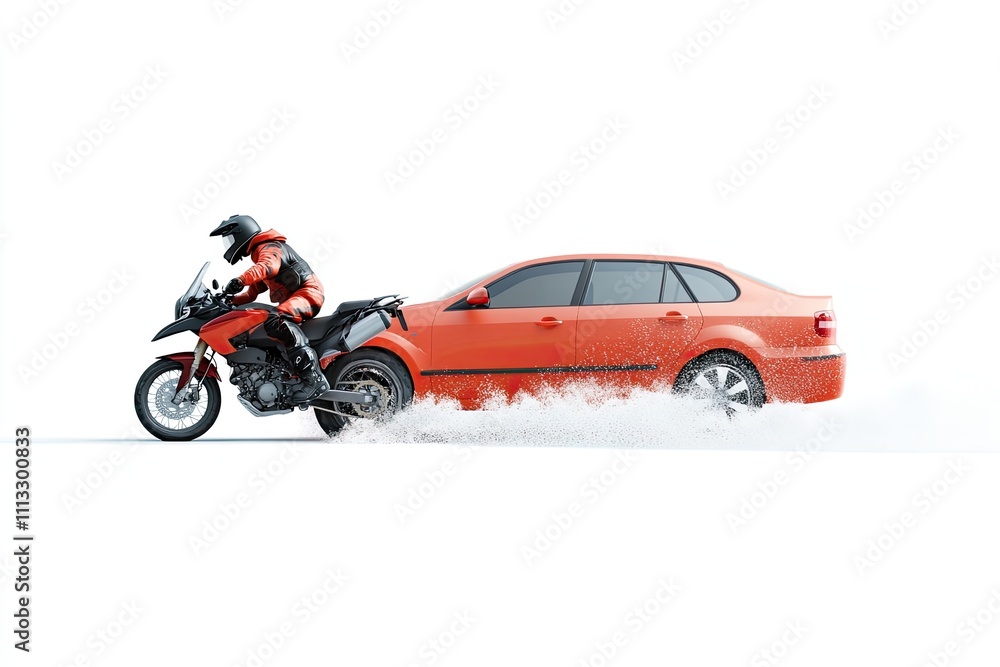 Naklejka premium Studio depiction of a motorcycle skidding to avoid a stopped car isolated on white. 