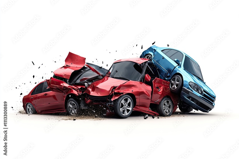 Studio depiction of a multiple-vehicle pileup involving three cars isolated on white Studio depiction of a multiple-vehicle pileup involving three cars isolated on white