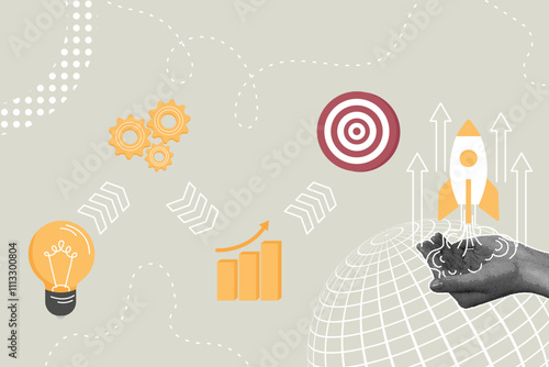 Trendy halftone collage. Concept of launching a new idea, product, analyzing budget, expenses to achieve the goal, planning, launching a business, successful start, development goal. Illustration for