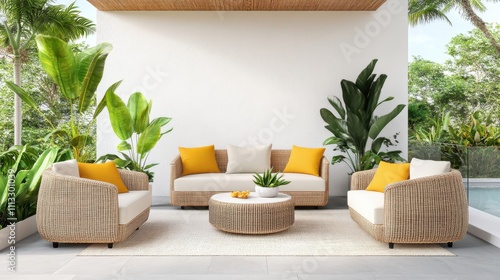 Tropical Outdoor Living Area with Wicker Furniture