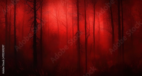 Eerie silhouettes of bare trees in dark forest with red fog and haunting atmosphere