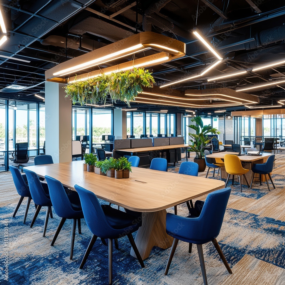 Obraz premium Modern Office Interior Design with Wooden Table and Blue Chairs.