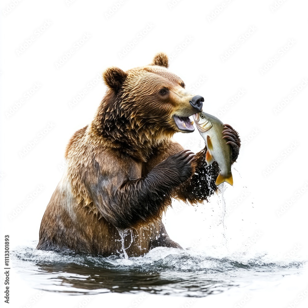 Fototapeta premium A bear catching a fish in a river, showcasing wildlife behavior and natural hunting skills.