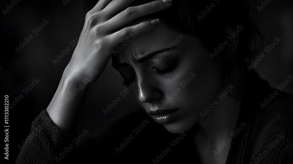 A woman with her hands on her head, looking sad and frustrated in dark room A woman with her hands on her head, looking sad and frustrated in dark room