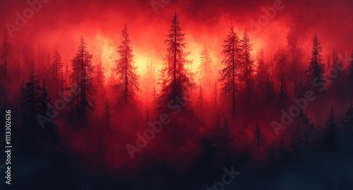 Haunting Dark Forest Silhouettes with Red Fog and Eerie Atmosphere in Autumn