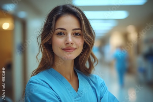 Confident Healthcare Worker in Blue Scrubs at Modern Hospital Corridor