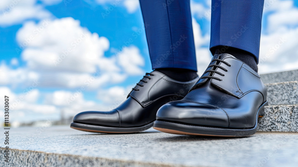 Polished black business shoes on steps against blue sky Polished black business shoes on steps against blue sky