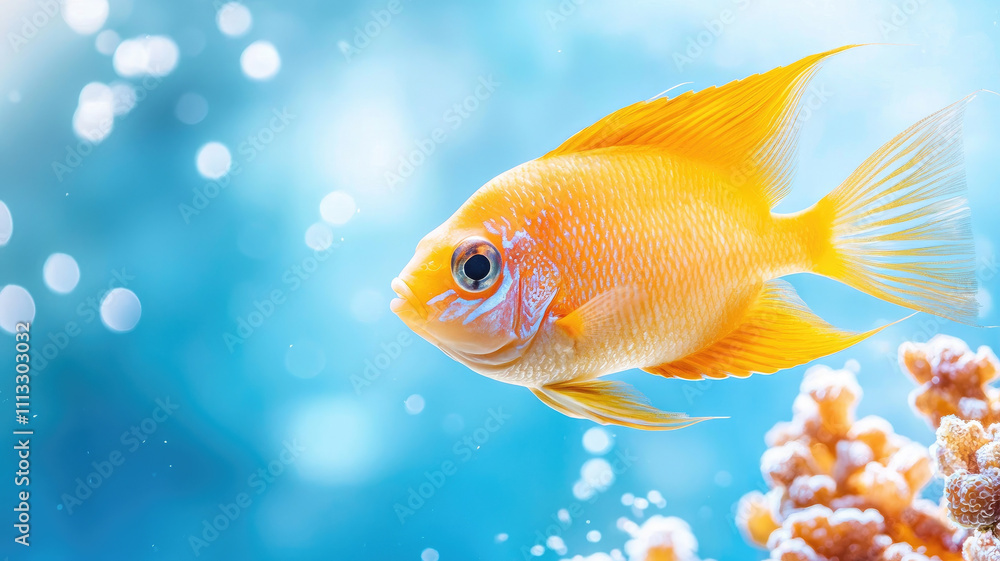 Colorful fish swimming in clear blue water with coral reef Colorful fish swimming in clear blue water with coral reef