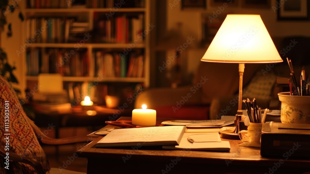 Cozy writing desk, warm lamplight, candlelit ambiance. Cozy writing desk, warm lamplight, candlelit ambiance.