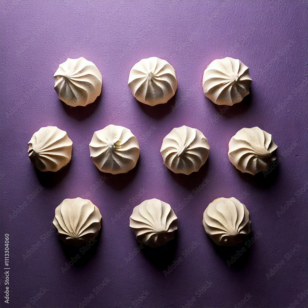 Modern and Minimalistic Flat-Lay of Pastel Meringue Cookies on Pastel Lavender Surface Modern and Minimalistic Flat-Lay of Pastel Meringue Cookies on Pastel Lavender Surface