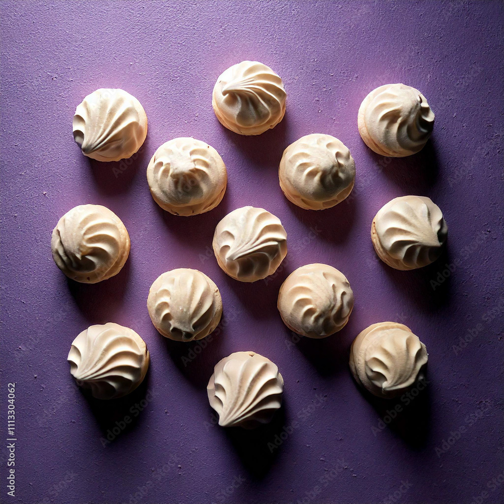 Modern and Minimalistic Flat-Lay of Pastel Meringue Cookies on Pastel Lavender Surface Modern and Minimalistic Flat-Lay of Pastel Meringue Cookies on Pastel Lavender Surface