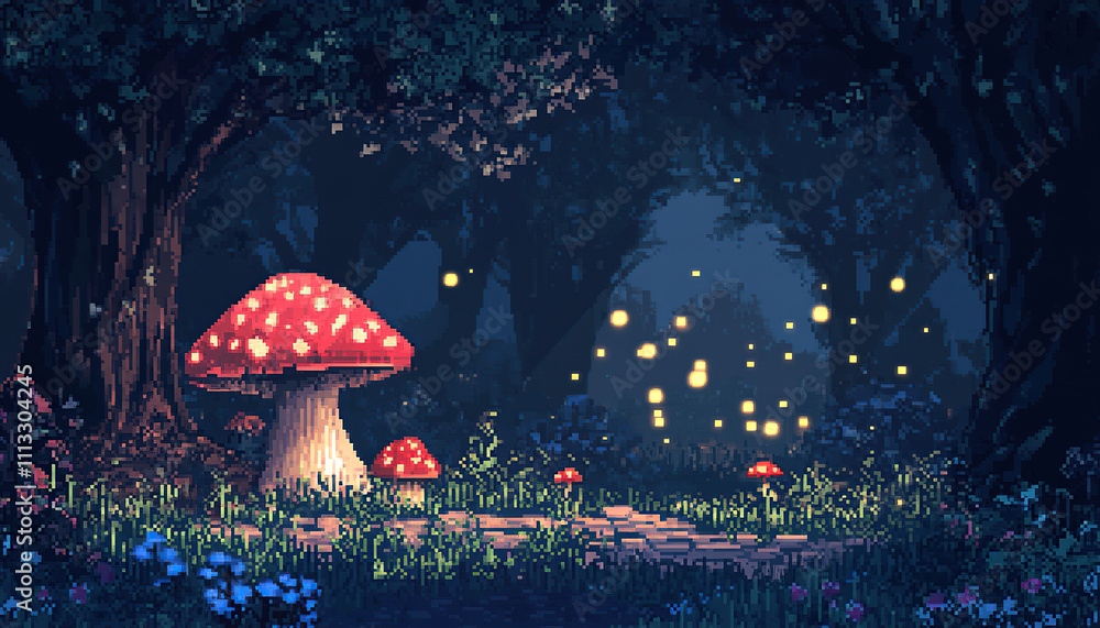Fairy tale forest illuminated by mushrooms and fireflies in pixel art Fairy tale forest illuminated by mushrooms and fireflies in pixel art