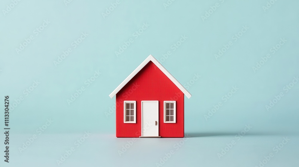 Red house model displayed on blue background home decor studio setting minimalistic design Red house model displayed on blue background home decor studio setting minimalistic design