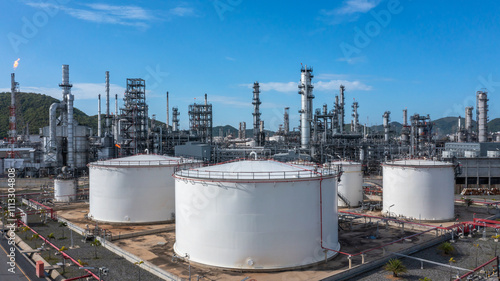 Aerial view oil and gas refinery industry plant, Oil and gas petrochemical  industrial storage tank refinery plant, Industry Oil refinery oil and gas refinery factory power and fuel energy.