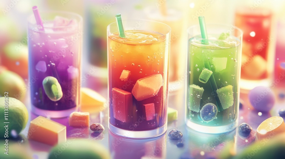 Refreshing beverage display with colorful fruit juices bright setting artistic Refreshing beverage display with colorful fruit juices bright setting artistic