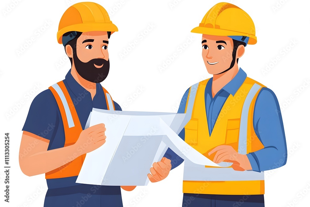 Cartoon Construction Workers Reviewing Blueprint – Teamwork, Engineering, and Building Concept Cartoon Construction Workers Reviewing Blueprint – Teamwork, Engineering, and Building Concept