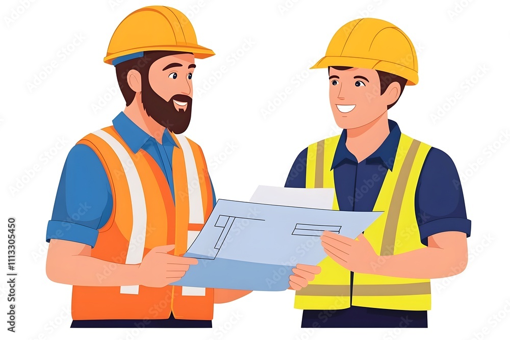 Cartoon Construction Workers Reviewing Blueprint – Teamwork, Engineering, and Building Concept Cartoon Construction Workers Reviewing Blueprint – Teamwork, Engineering, and Building Concept