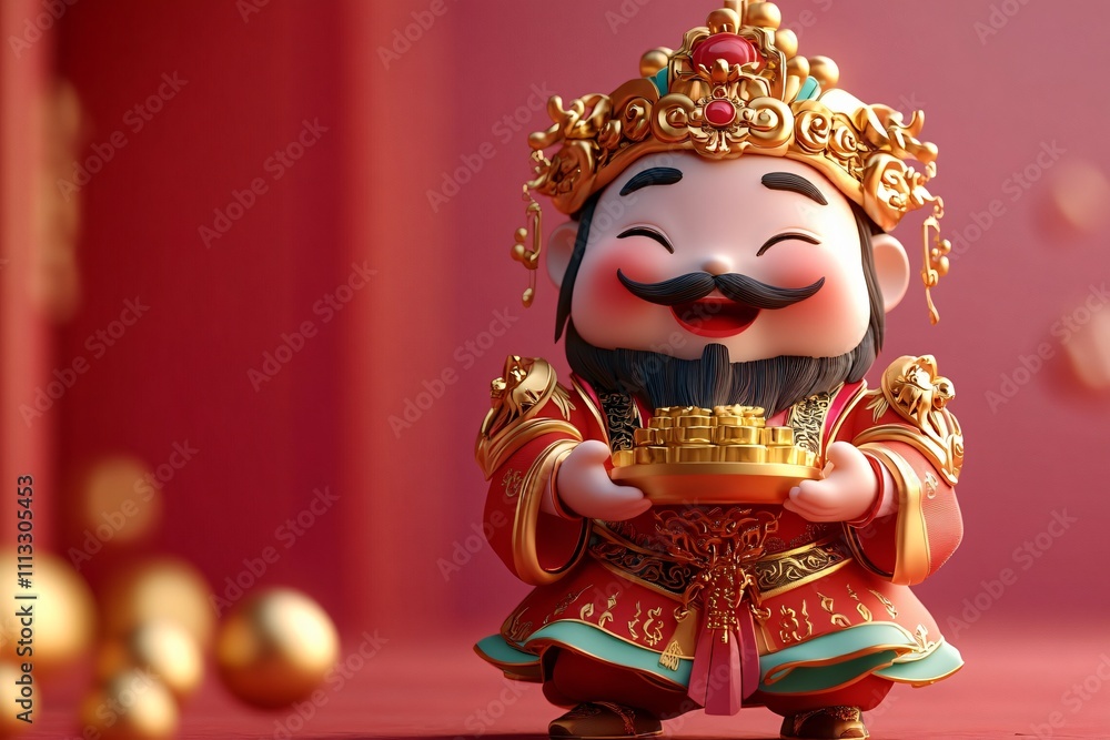 A joyful deity figure with a golden ingot captures the essence of prosperity, perfect for Chinese New Year celebrations and festive invitations. A joyful deity figure with a golden ingot captures the essence of prosperity, perfect for Chinese New Year celebrations and festive invitations.