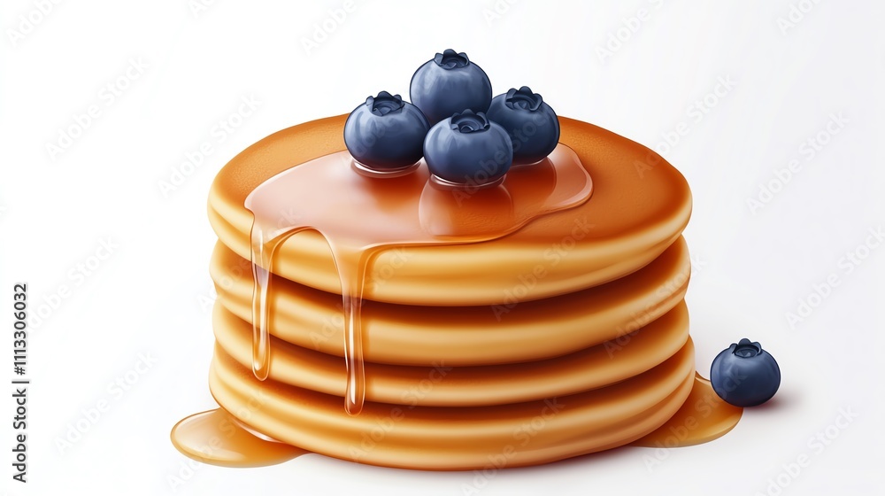 A stack of fluffy vegan pancakes with maple syrup and fresh blueberries, photorealistic style, isolated on white background A stack of fluffy vegan pancakes with maple syrup and fresh blueberries, photorealistic style, isolated on white background