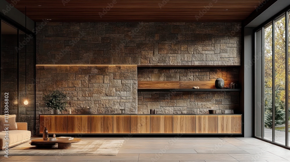 Cozy Modern Living Room with Stone Wall and Wooden Furniture in Rustic Design Cozy Modern Living Room with Stone Wall and Wooden Furniture in Rustic Design