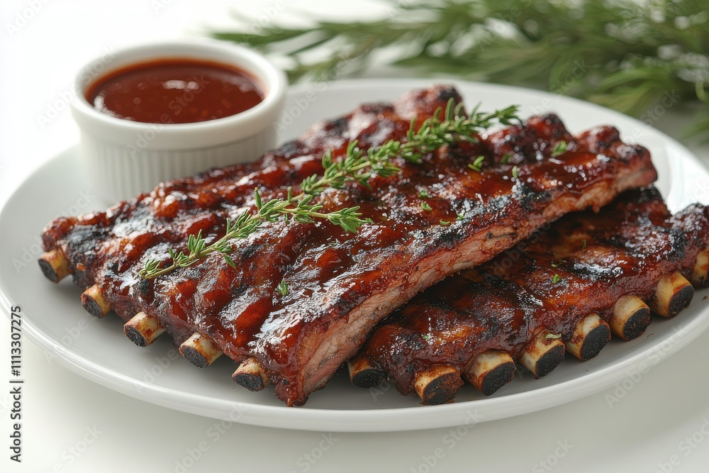 A plate of glazed ribs served with sauce and garnished with herbs. A plate of glazed ribs served with sauce and garnished with herbs.