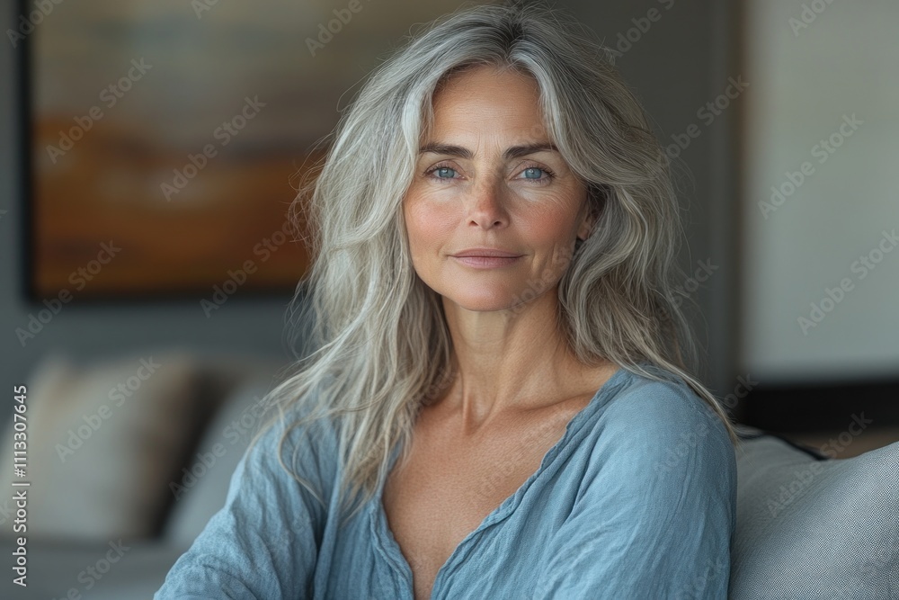 Middle-aged woman in blue shirt sitting on gray sofa in cozy living room smiling and laughing with hands at chest enjoying leisure time Middle-aged woman in blue shirt sitting on gray sofa in cozy living room smiling and laughing with hands at chest enjoying leisure time