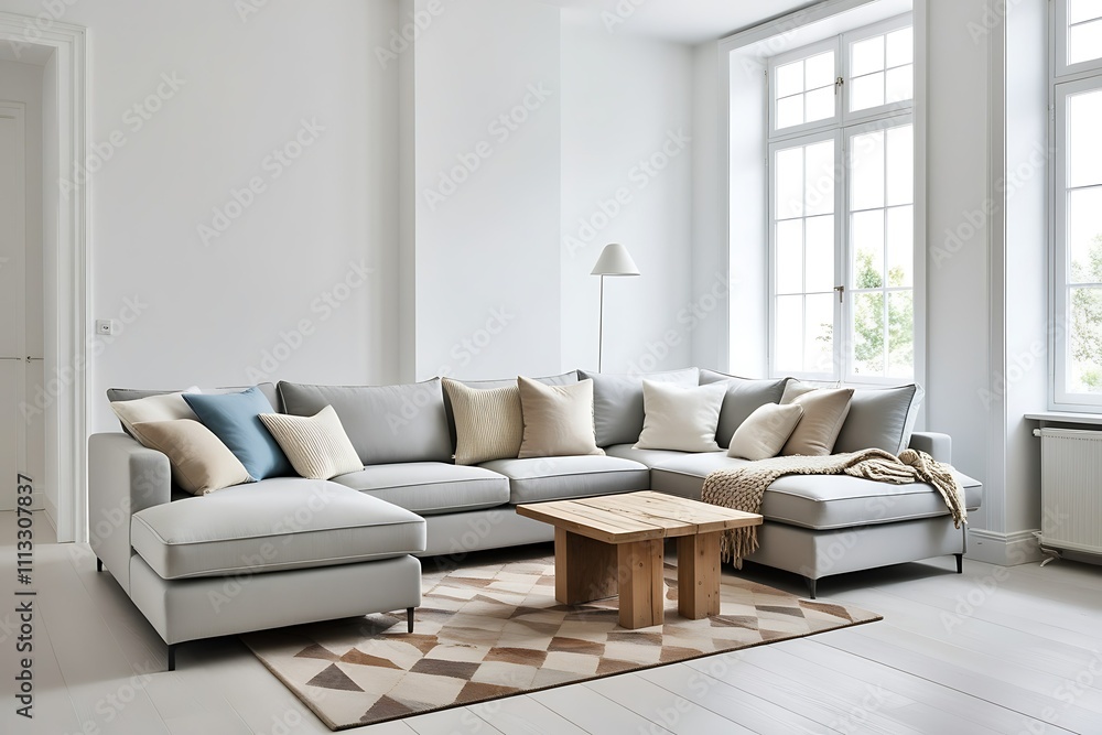 Modern light grey sectional sofa with wooden coffee table in bright living room. Modern light grey sectional sofa with wooden coffee table in bright living room.