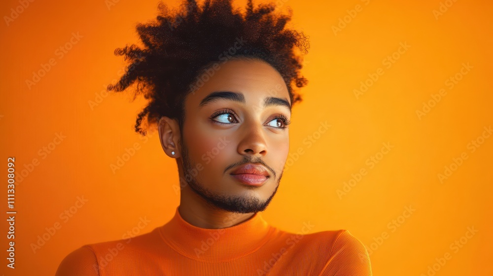 Portrait of a confused African American man in orange top against orange background with copy space expressing uncertainty and fear Portrait of a confused African American man in orange top against orange background with copy space expressing uncertainty and fear