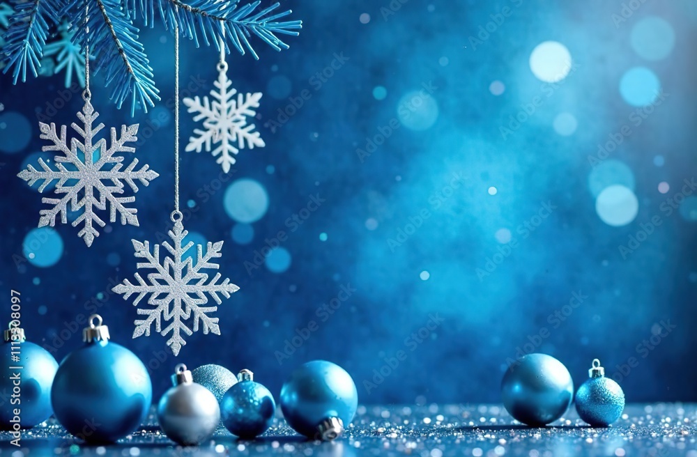Snowflakes suspended on silver threads on a shiny blue background with blue balls, with a blue bokeh effect. Modern design with the possibility of placing copies for postcards, banners, invitations Snowflakes suspended on silver threads on a shiny blue background with blue balls, with a blue bokeh effect. Modern design with the possibility of placing copies for postcards, banners, invitations