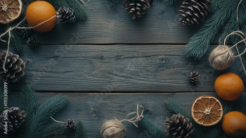 Flat lay of natural Christmas elements like pinecones, dried oranges, and twine