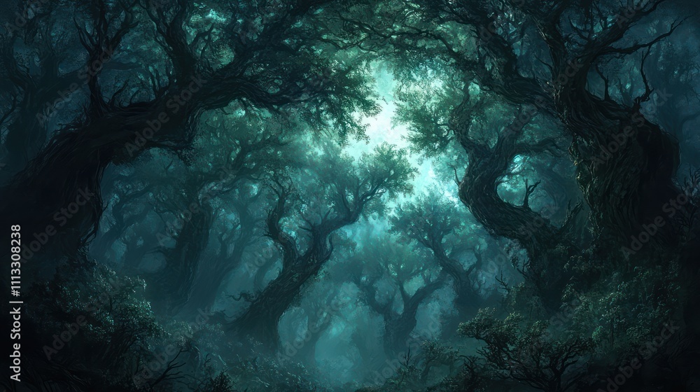 Fototapeta premium dense forest with towering pines, their thick branches weaving together to block out most of the sky. The atmosphere is mysterious and slightly eerie