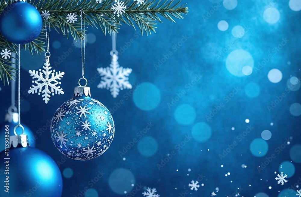 Snowflakes suspended on silver threads on a shiny blue background with blue balls, with a blue bokeh effect. Modern design with the possibility of placing copies for postcards, banners, invitations Snowflakes suspended on silver threads on a shiny blue background with blue balls, with a blue bokeh effect. Modern design with the possibility of placing copies for postcards, banners, invitations