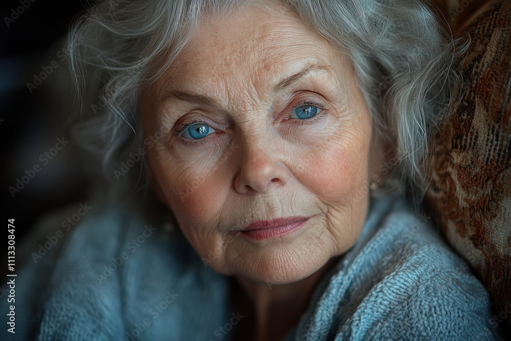 Elderly woman smiling and touching her face enjoying skincare in soft light thoughtful and happy in a cozy living room Elderly woman smiling and touching her face enjoying skincare in soft light thoughtful and happy in a cozy living room