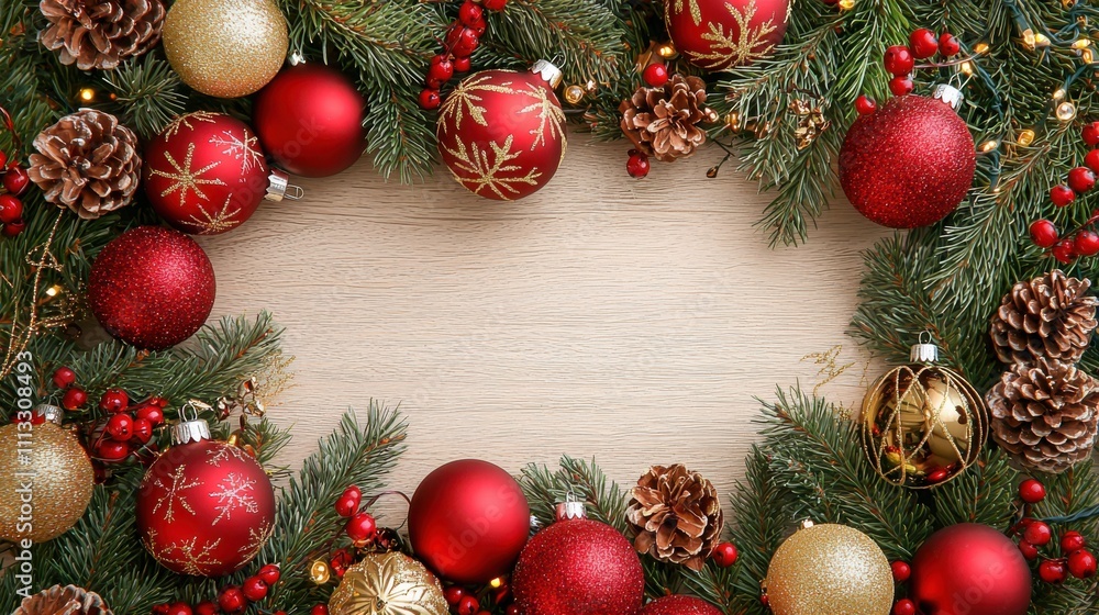 Top view of red and gold Christmas ornaments, pine branches and twinkling lights Top view of red and gold Christmas ornaments, pine branches and twinkling lights