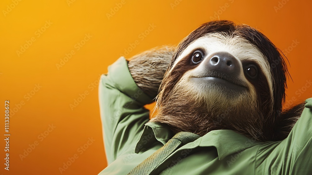 Fototapeta premium A sloth in a green office shirt and tie, looking relaxed with arms behind its head in front of an orange background, creating ample empty space.