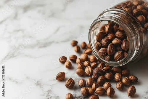 A jar tipped over, spilling seeds onto a marble surface. photo