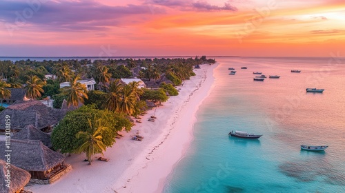 A colorful sky with pink and orange hues above the serene beaches of Zanzibar, Tanzania