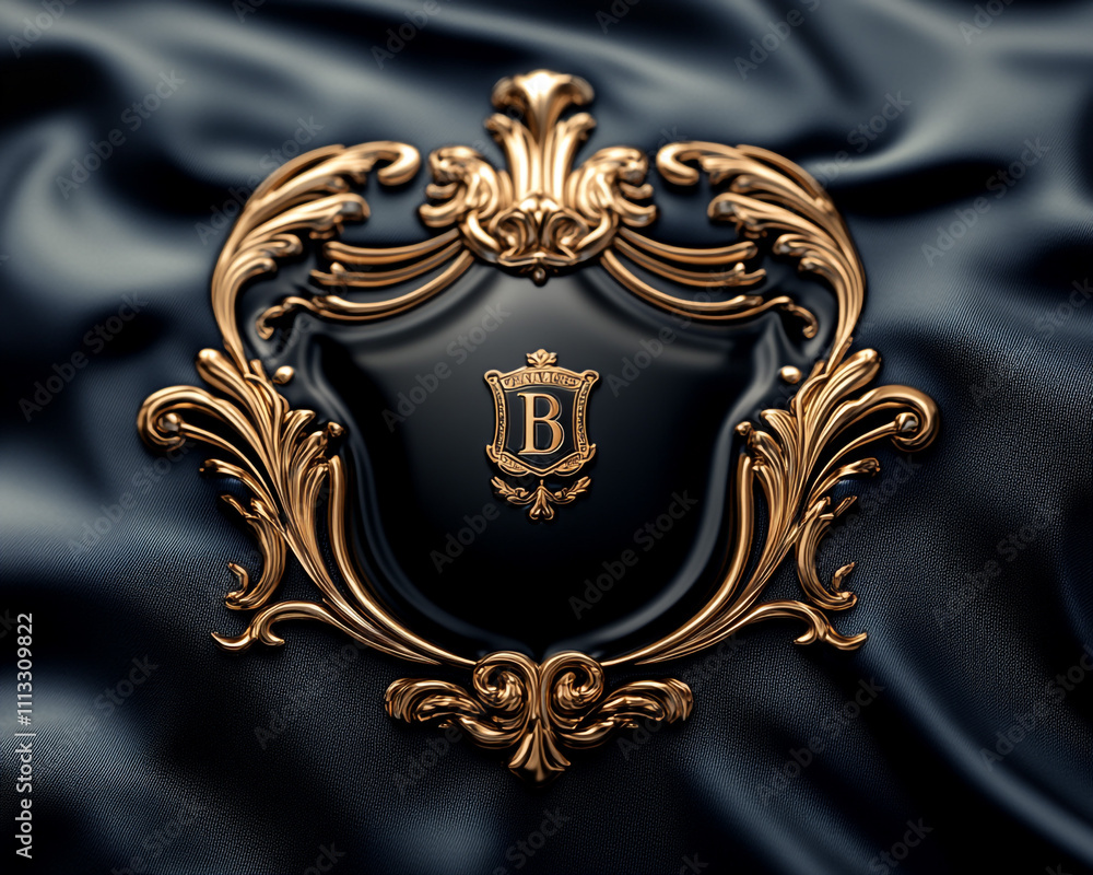 Iconic black and gold emblem with a classic serif font on a smooth dark blue surface, showcasing a blend of tradition and modern luxury Iconic black and gold emblem with a classic serif font on a smooth dark blue surface, showcasing a blend of tradition and modern luxury