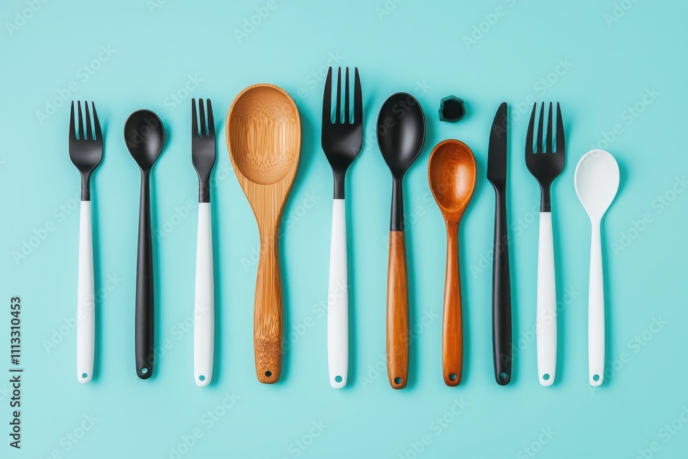 Kawaii cooking implements in triangular arrangement playful kitchen decor from a top-down view Kawaii cooking implements in triangular arrangement playful kitchen decor from a top-down view