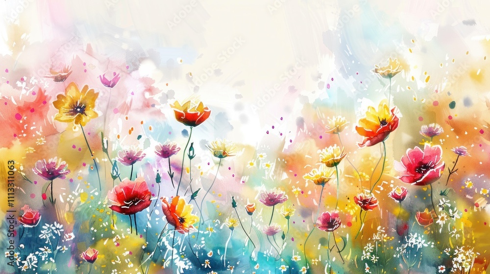 Vibrant watercolor illustration of a flower field with colorful blossoms and a dreamy background, evoking feelings of joy and serenity in nature. Vibrant watercolor illustration of a flower field with colorful blossoms and a dreamy background, evoking feelings of joy and serenity in nature.