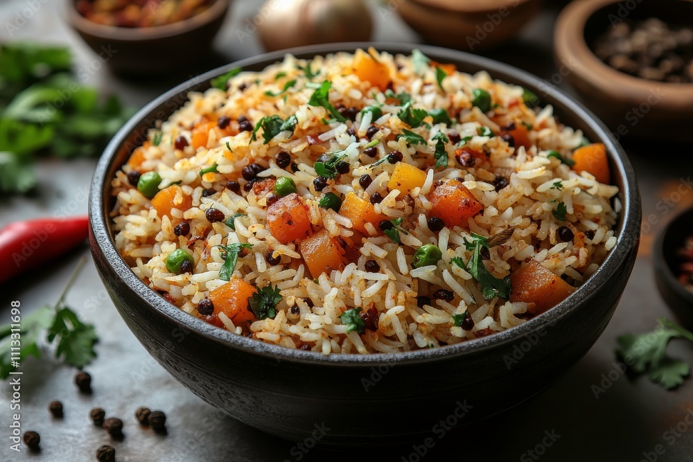 A bowl of flavorful rice mixed with vegetables and spices, garnished with herbs. A bowl of flavorful rice mixed with vegetables and spices, garnished with herbs.