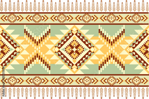 Geometric pattern featuring diamonds and arrows in earthy tones, ideal for textiles or backgrounds. design showcases blend of shapes and colors, creating vibrant visual appeal