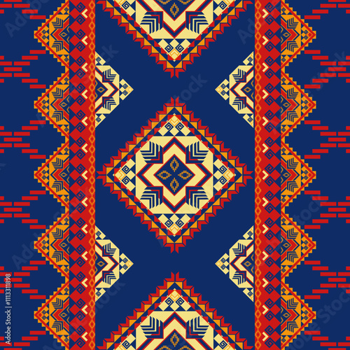 Vibrant geometric pattern featuring bold colors and intricate designs, ideal for textiles or wallpapers. rich blue background enhances striking red and yellow motifs