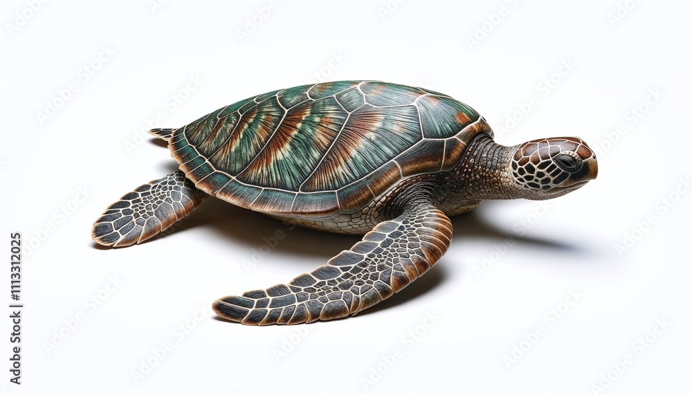 Obraz premium Vibrant sea turtle captured on a pristine white background in exquisite detail.