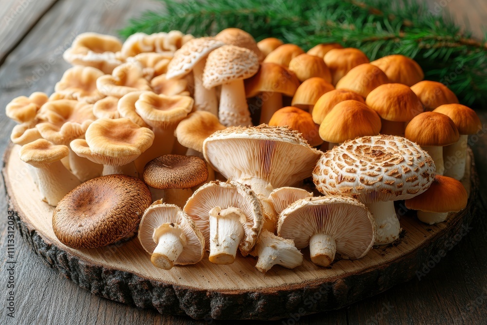 A variety of mushrooms displayed on a wooden platter, showcasing their textures and colors. A variety of mushrooms displayed on a wooden platter, showcasing their textures and colors.