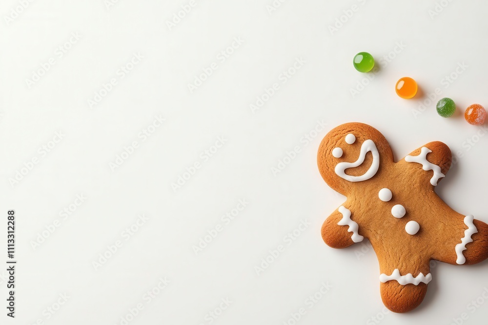 Naklejka premium Gingerbread man with icing and colorful candies on white background